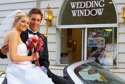 Newlyweds at this drive-up wedding chapel. 