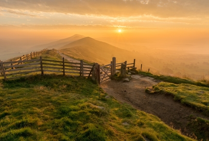 The views at Mam Tor stretch north over the Edale Valley to Kinder Scout and the Derwent Moors.