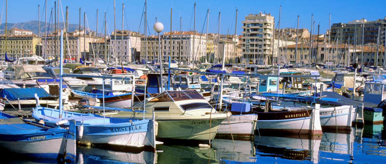 Boats docked at a harbour in the Vieux Port, Marseille