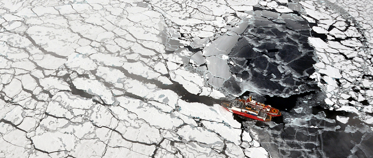 A US ship breaks through the Arctic ice on a geological survey