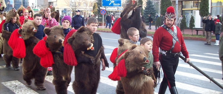Children dressed as bears in Comanesti, Romania