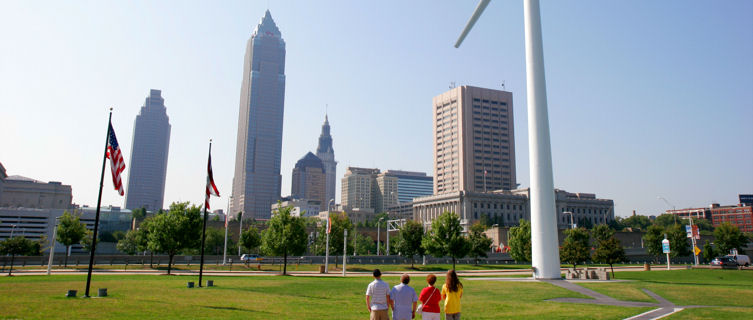 Cleveland windmill and city in the background