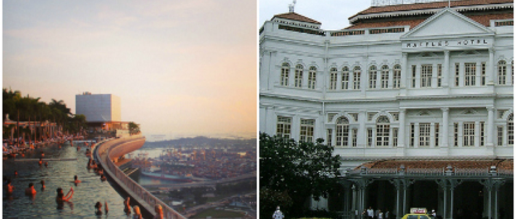 The rooftop pool at Marina Bay Sands and the regal facade of Raffles