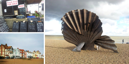 Shacks selling fish dot the seafront; Maggie Hambling's shell sculpture