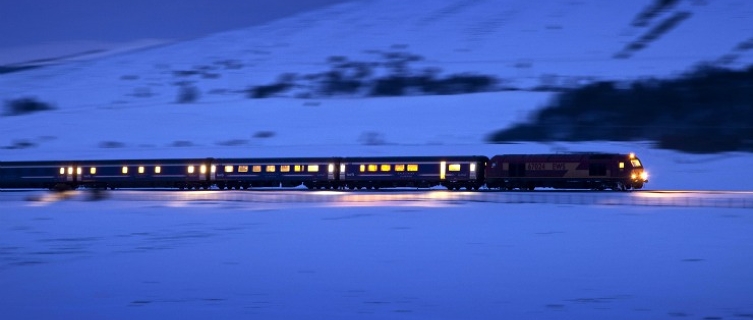 The Caledonian Sleeper speeding through the Scottish Highlands