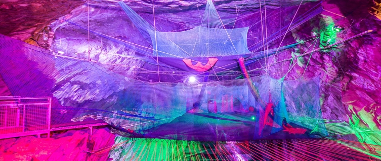 The large trampolines are suspended in mid-air 