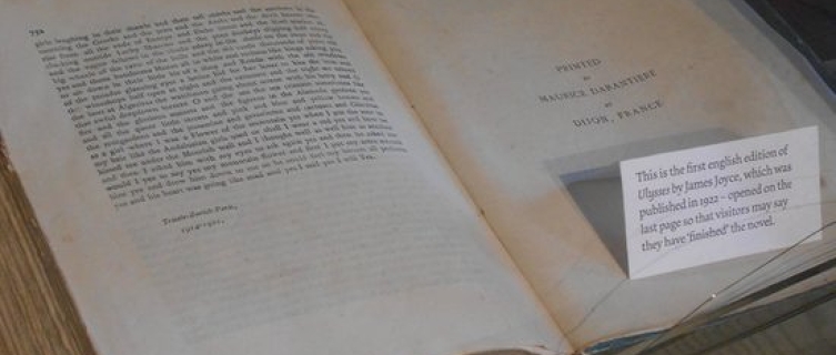 This first edition of Ulysses is open on the final page