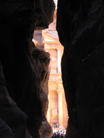 View of Petra from narrow gorge