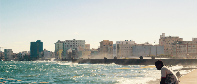 Waves crash against Havana's Malecón coastal road