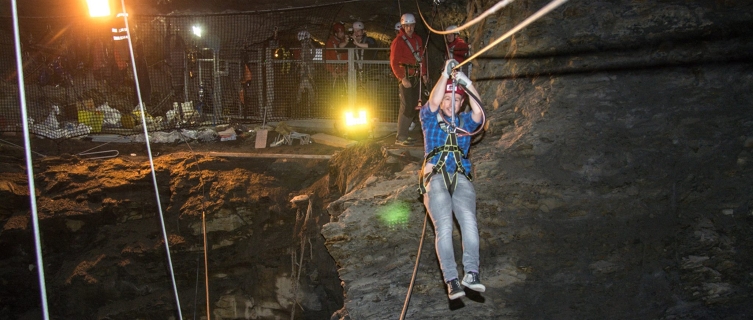 Zip wires help visitors traverse the caverns