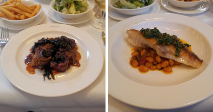 Left, steak with onion puree; right, monkfish with coco beans