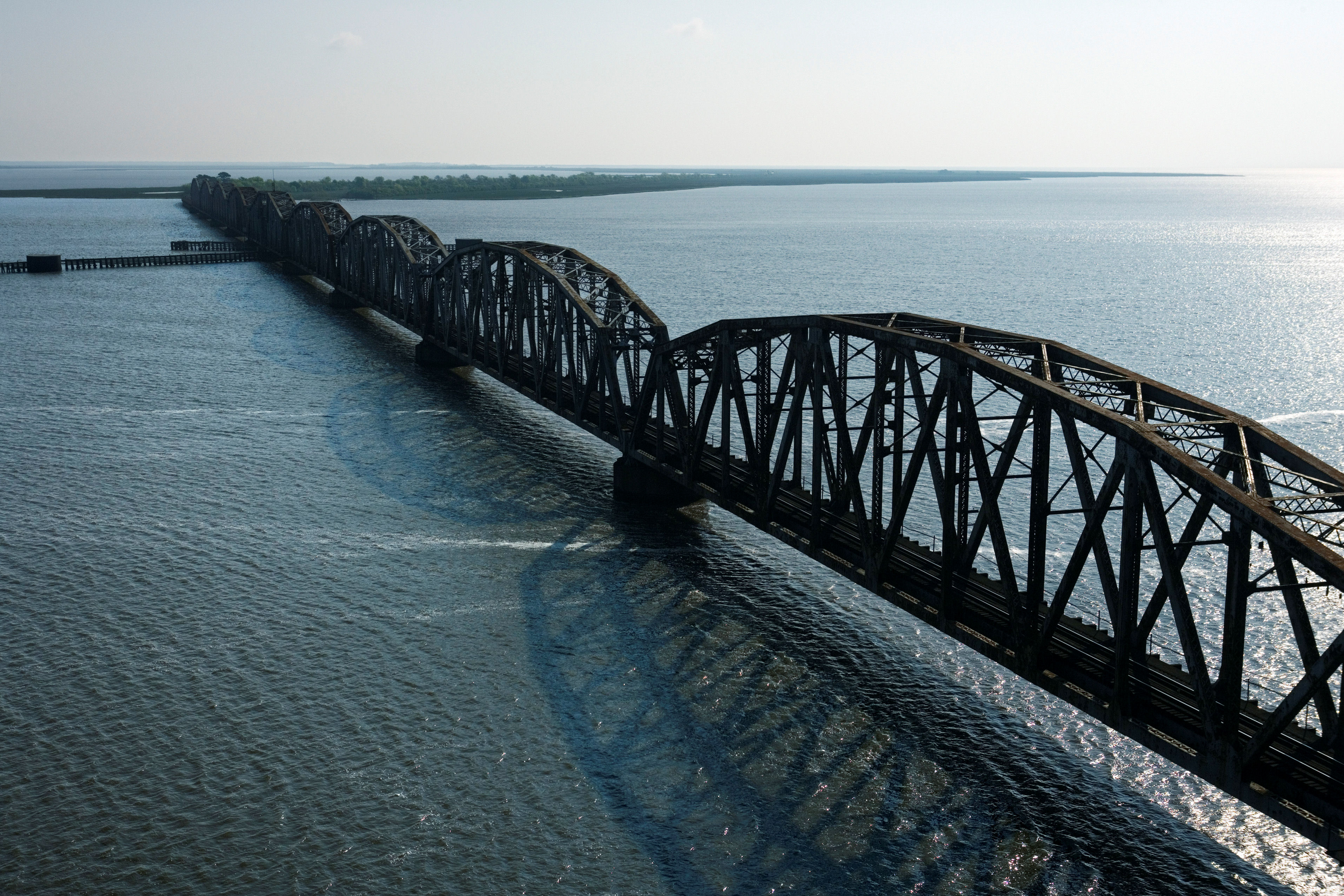 Aerial view of bridge over Mississippi River, Rigolets, Louisiana