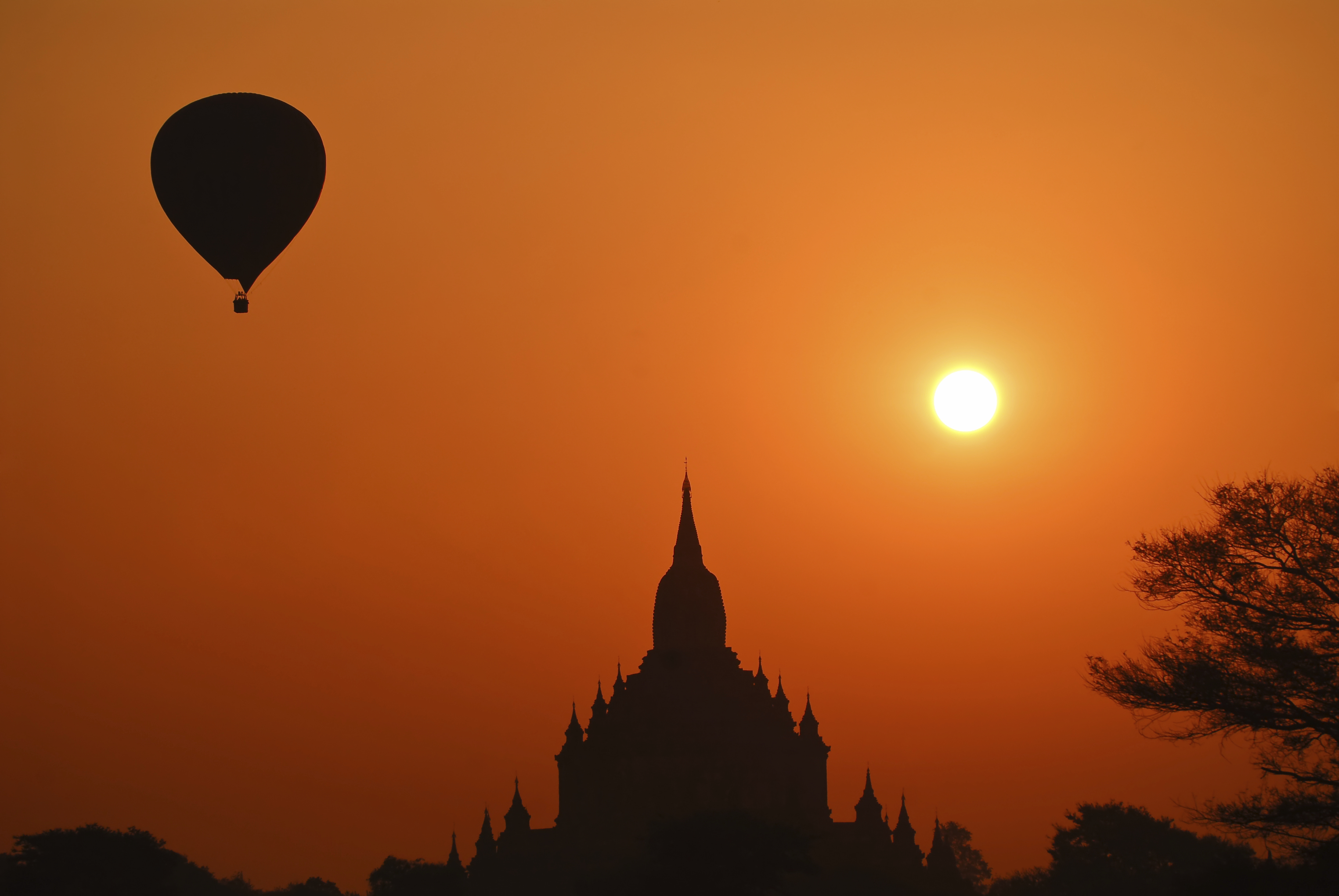 Hot air balloon over historical Bagan, Myanmar